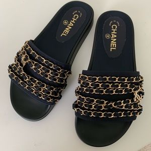 Chanel navy satin with gold chain slides size 37